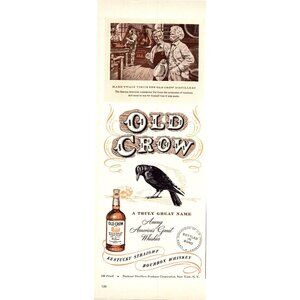 1950 Old Crow Bourbon Mark Twain Distillery Room Vintage Print Ad 50s Wall Art